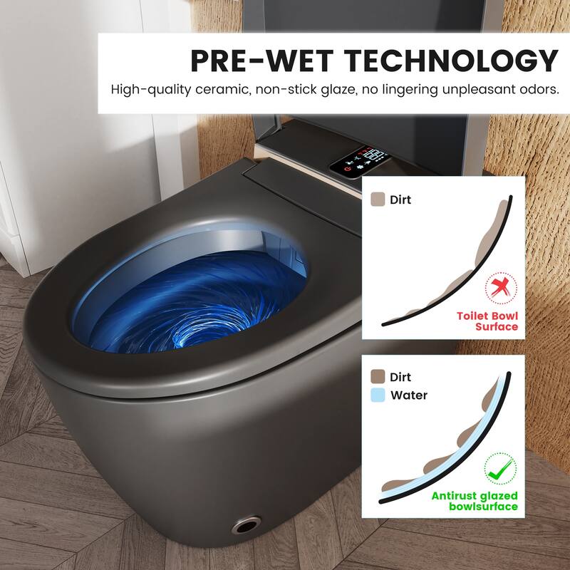 Elongated Smart Toilet with Bidet Wash, Heated Seat, Warm Air Dry, Remote Control, Auto Flush, LED Display
