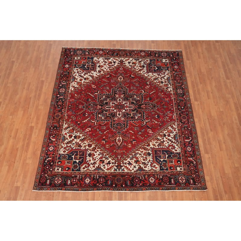 Hand Knotted Oriental 100% Wool Carpet Traditional Floral Red Heriz Area Rug - 9' 7'' X 8' 2''
