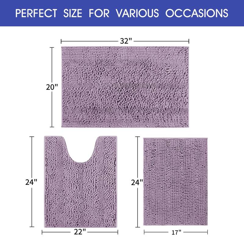 Ultra Soft Striped Non Slip Chenille Bathroom Rug Set 3 Pieces