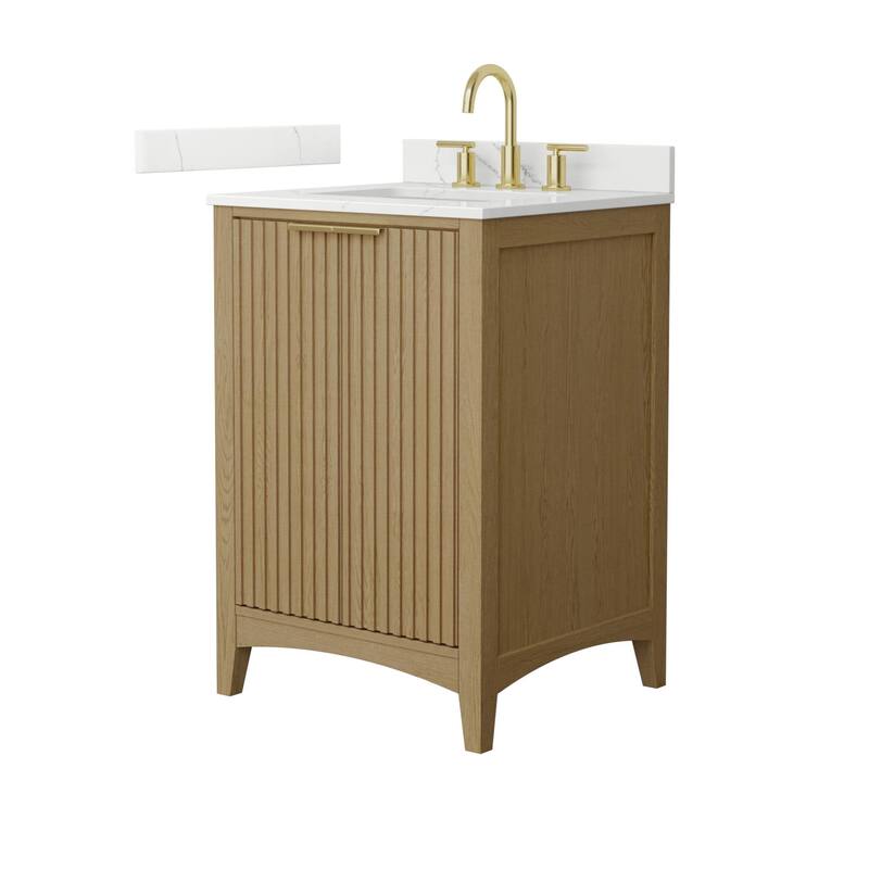 Wyndham Collection WCF9191-24S-QTZ-US3MXX Palmilla 24" Free Standing - Natural Oak / Giotto Quartz Top / Brushed Gold
