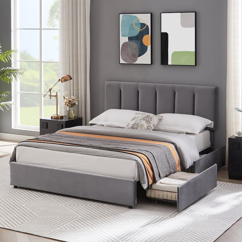 Javlergo Bed Frame with Storage Drawers, Upholstered Platform Bed Frame with Adjustable Headboard