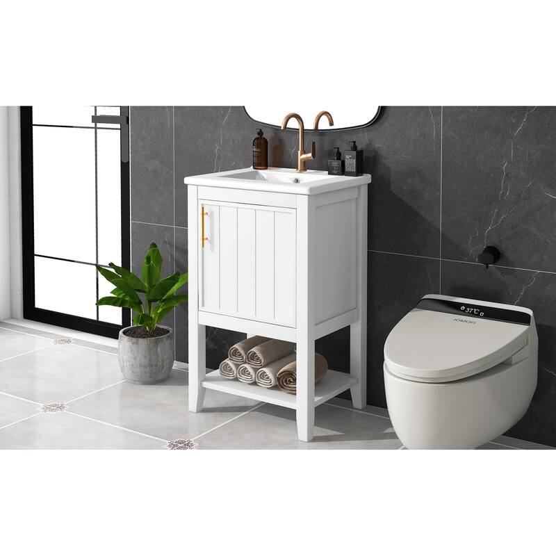 Small Bathroom Vanity with Sink, Bathroom Storage Cabinet with Soft Close Door, Single Vanity with Storage Rack and Open Shelf