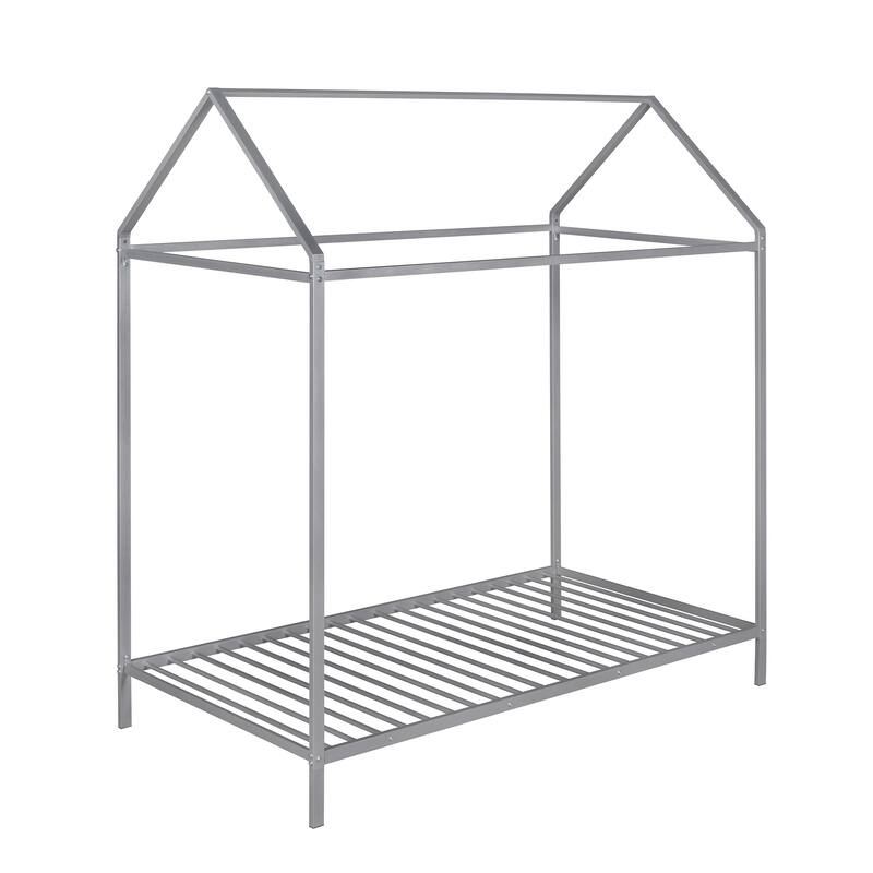 Twin Size Metal House Bed for Kids, Floor Bed Frame with Slats