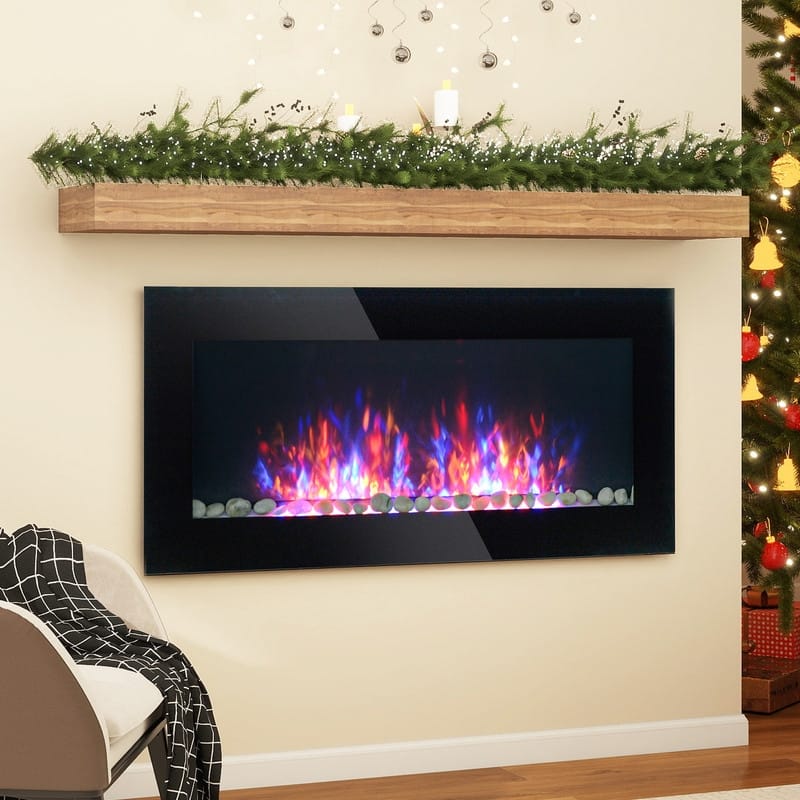 41.3/50/60 in. Wall Mount Recessed Electric Fireplaces in Black, Tempered Glass, Flame Effect, Multi-Color, Remote,1400-1500W