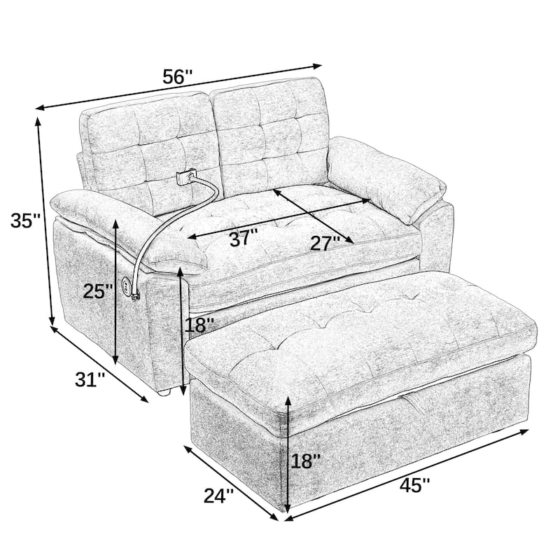 Double Recliner Chair with Adjustable Backrest, Storage Ottoman, USB Port & Phone Stand