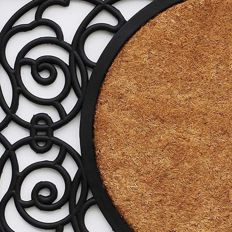 HomeRoots 22" X 36" Black And Natural Geo Scrollwork Outdoor Rubber And Coir Door Mat - 22' X '36
