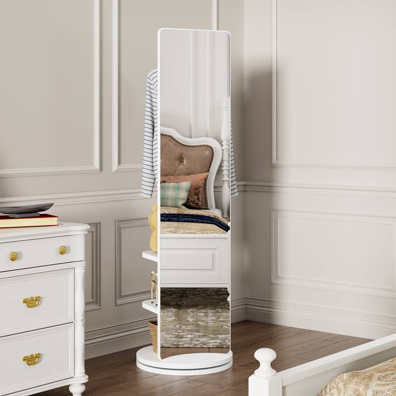 360° Rotating 66"x14" Multifunctional Full Length Mirror with Hook Storage Rack Coat Rack with Mirror Solid Wood Floor Mirror