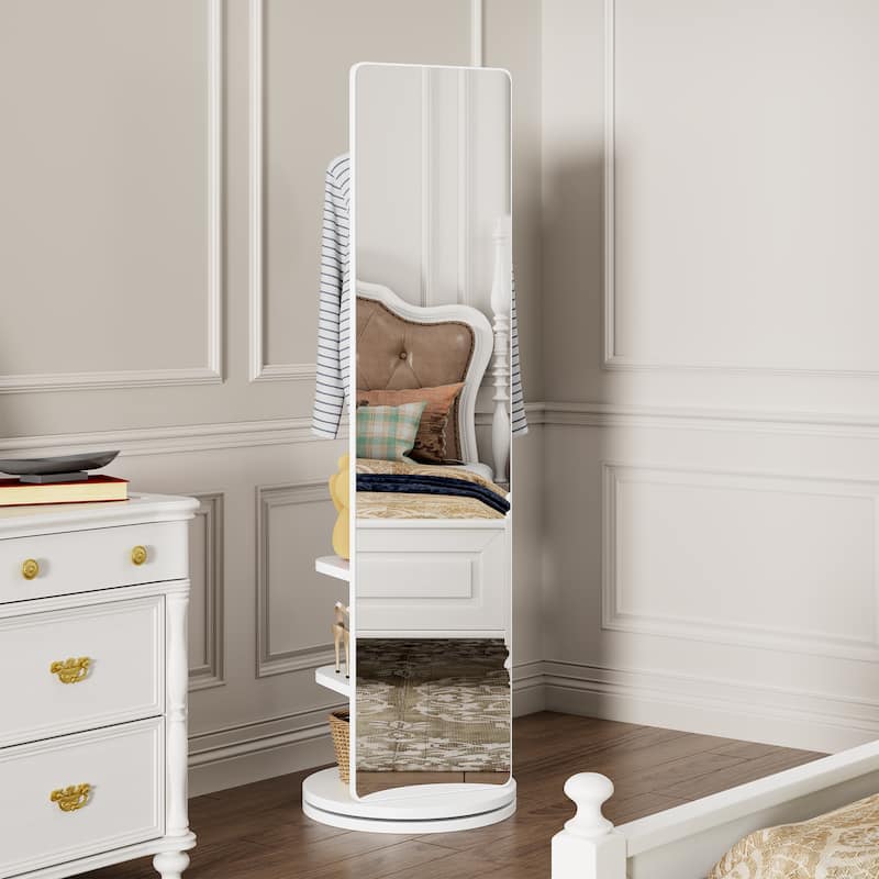 360° Rotating 69"x16" Multifunctional Full Length Mirror with Hook Storage Rack Coat Rack with Mirror Solid Wood Floor Mirror