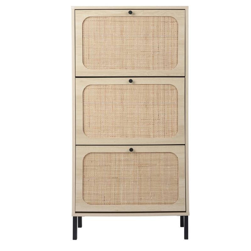 Freestanding Modern Shoe Rack Storage with 3 Natural Rattan Door
