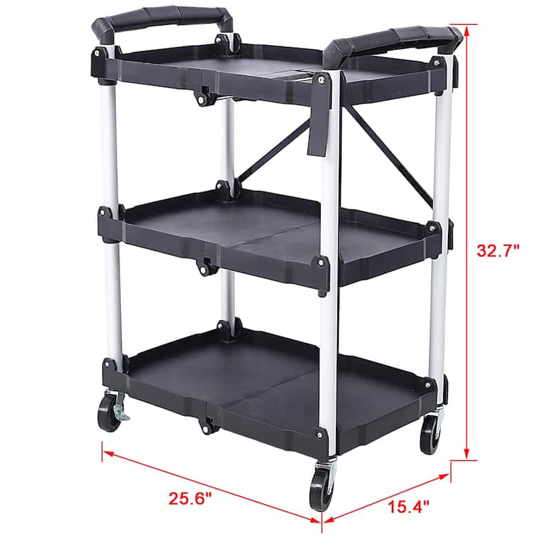 3-Tier Folding Collapsible Service Cart, 50 Lb Load Capacity per Shelf - 25.6"Lx15.4"Wx32.7"H