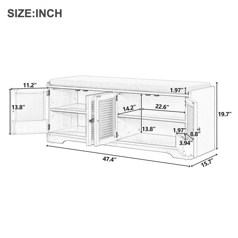Rustic Storage Bench with Removable Cushion, Rattan Doors & Adjustable Shelf