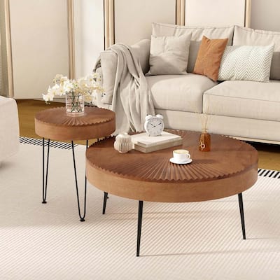 Set of 2 Boho Round Coffee Table Sofa Side Nesting Table w/ Wood Top