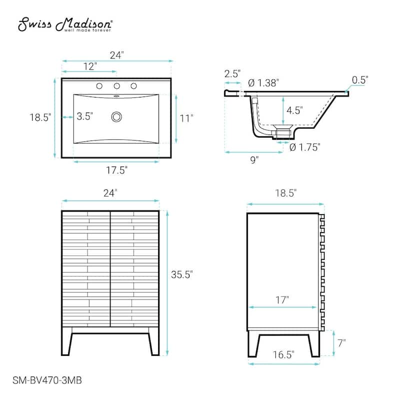 Swiss Madison SM-BV470-3MB Cascade 24" Free Standing Single Basin