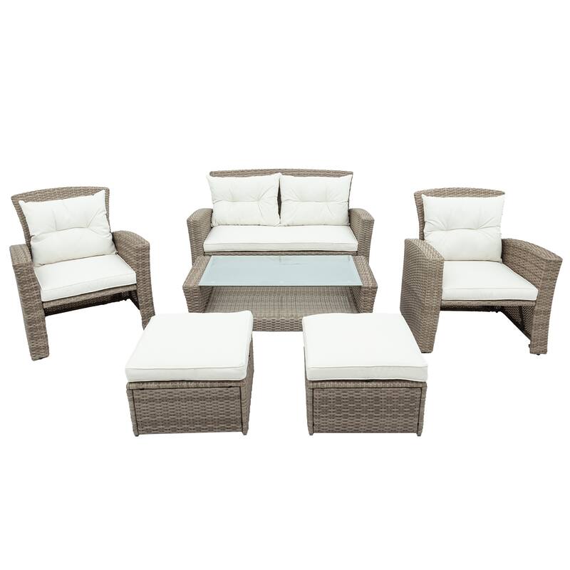 6-Piece Outdoor Patio Rattan Conversation Sofa Set with Tempered Glass Coffee Table and Ottoman