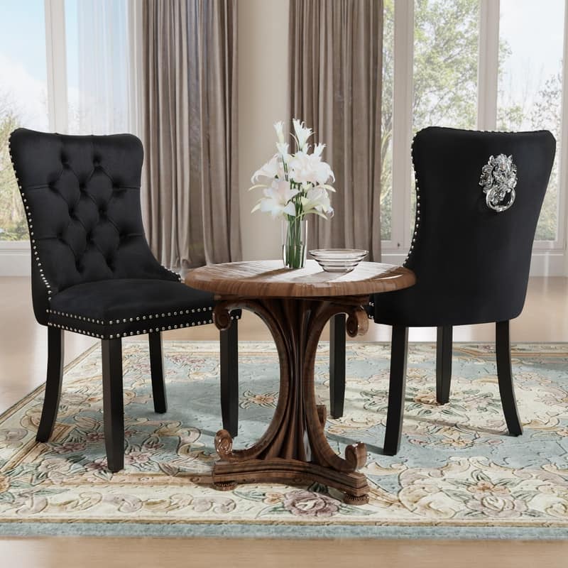 Solid Wood Velvet Upholstered Dining Chair Set of 2 - Black