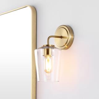 SAFAVIEH Lighting Eliena Wall Sconce - 5" W x 7" D x 11" H - Satin Brass/Clear - 5Wx7Dx11H