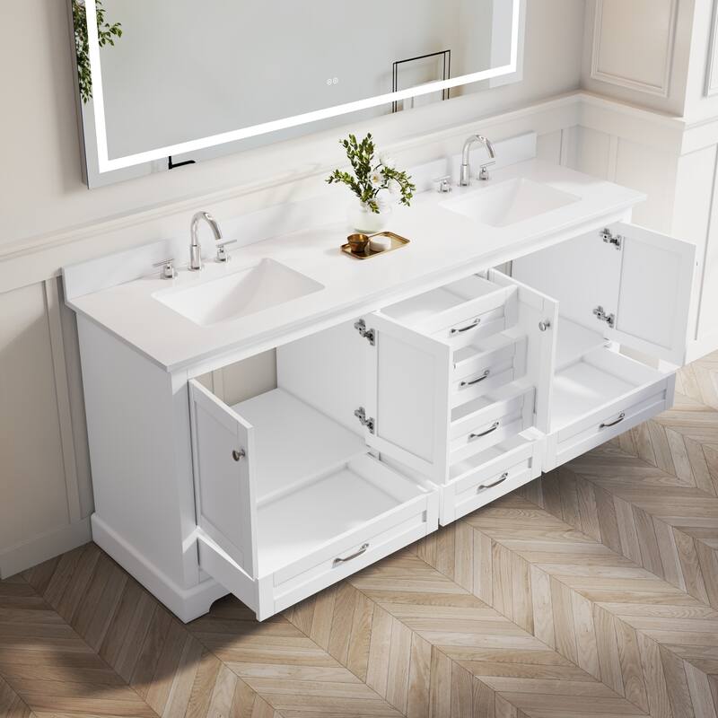 80''W Solid Wood Frame Bathroom Vanity With Pure White Culutered Marble Countertop And Double Sink