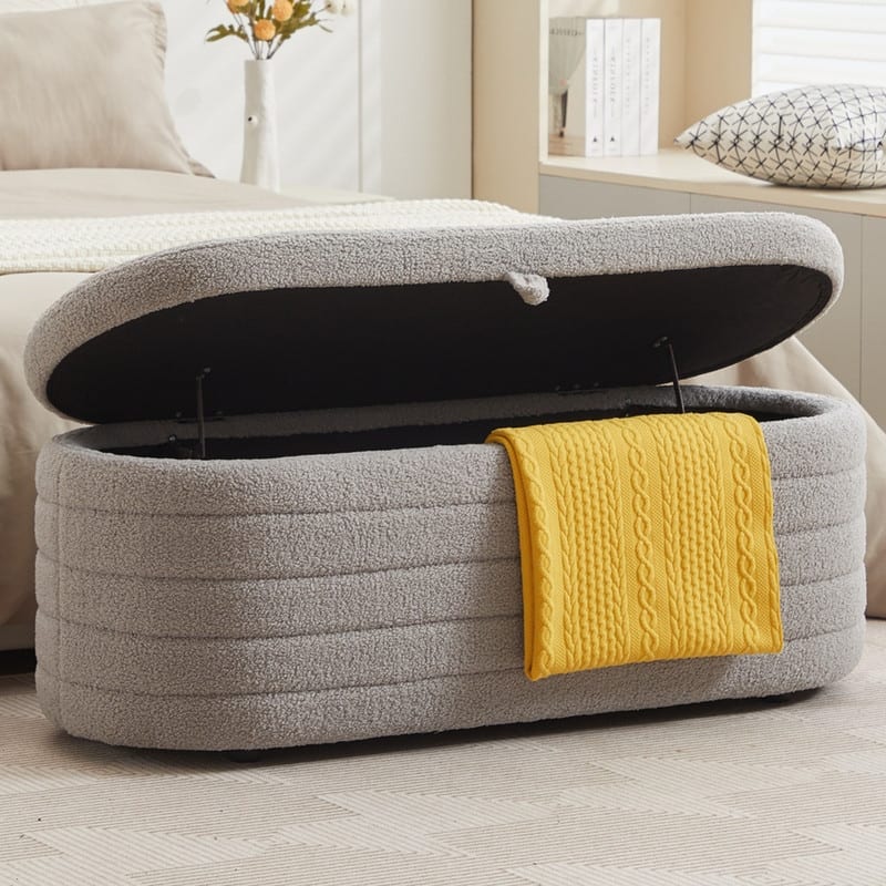 45" White Teddy Storage Ottoman Bench for Living Room Bedroom,Oval Sherpa Storage Bench Ottoman Foot Rest Anti-slip Legs