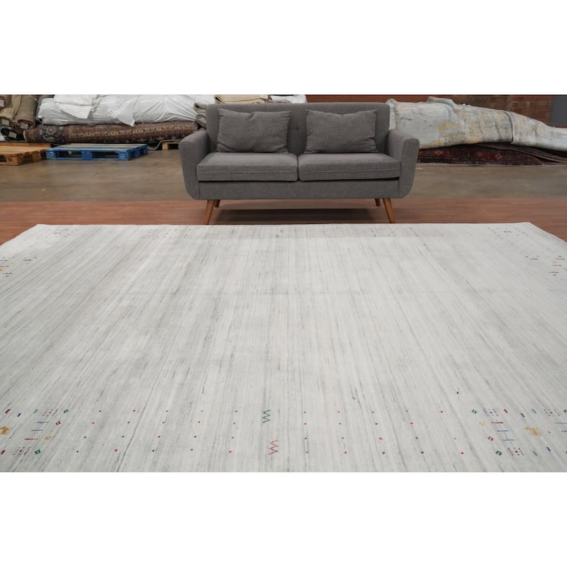 Hand Knotted Oriental Viscose Silk Carpet Tribal Animal Pictorial Greys & Charcoal Gabbeh Area Rug - 11' 8'' X 8' 10''