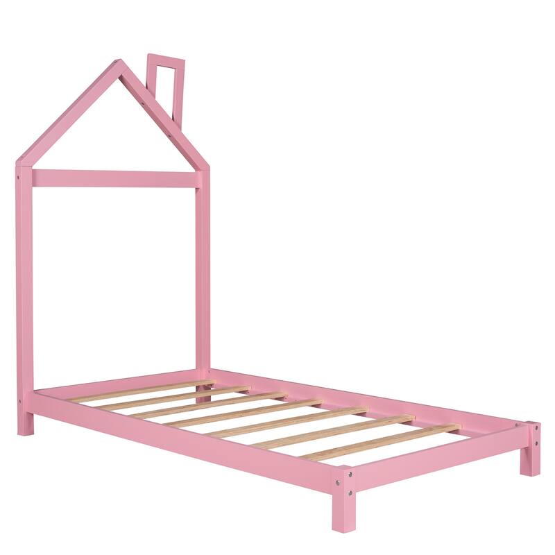 Wood Platform Bed with House-Shaped Headboard