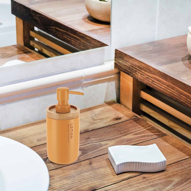 Elegant Soap Dispenser - Polyresin and Bamboo Design, Refillable Liquid Pump - 3 L x 3 W X 7 h