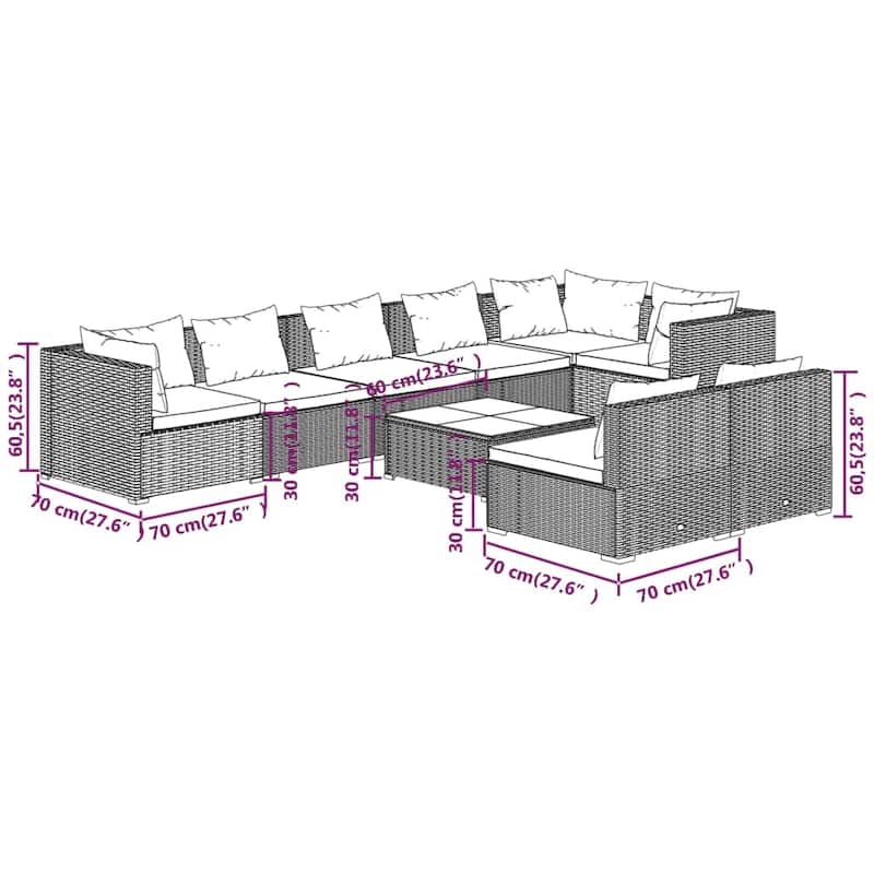 vidaXL Patio Lounge Set Outdoor Sectional Sofa Set Table Garden Poly Rattan - 27.6" x 27.6" x 23.8"