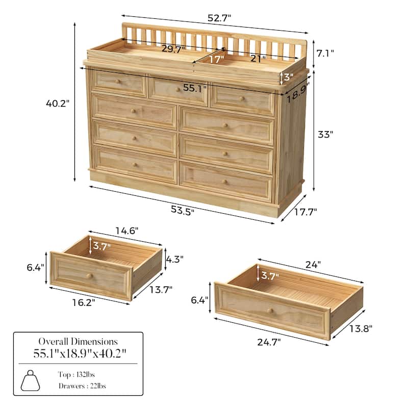 Solid Pine Wood Baby Changing Table Dresser with 9 Drawers – Natural Finish Nursery Dresser with Removable Changing Topper