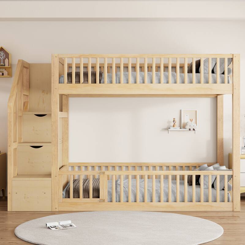 Twin Over Twin Floor Bunk Bed Frame with Storage Stairs and Door