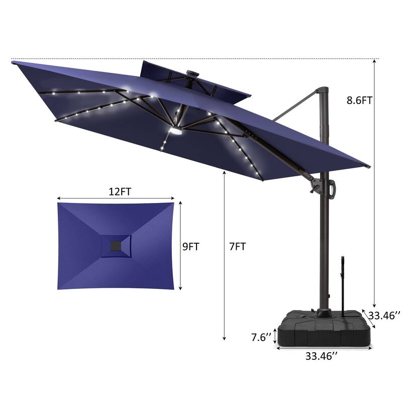 12 x 9 FT Outdoor Patio Cantilever Umbrella with Solar Lights Double Canopy 360 Rotation Tilt with Rod Wheel Base