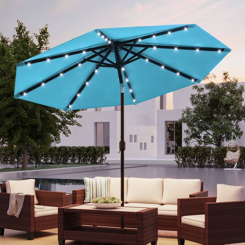 BONOSUKI Patio 10Ft LED Market Umbrellas With Solar Lights, Table Umbrella for Patio and Outdoor With Tilt Button - Lake Blue