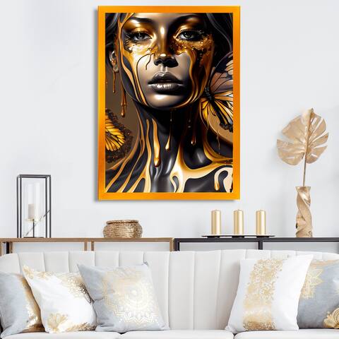 Designart "Attractive Woman With Gold Butterflies II" Contemporary Glam Framed Art Print