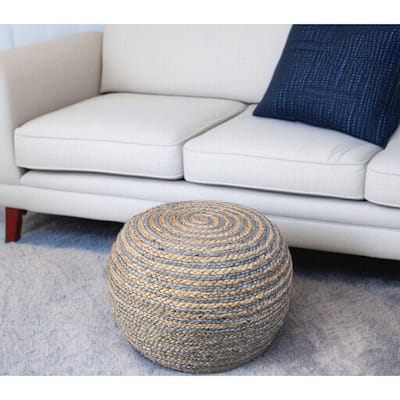 HomeRoots 20" Gray Cotton Blend Round Striped Pouf Ottoman