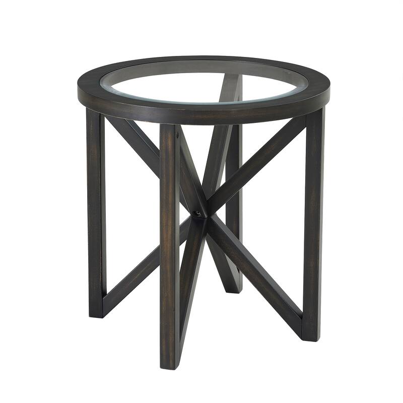 Anmytek Round Glass End Table Modern Black X Frame Accent Side Table for Living Room Bedroom