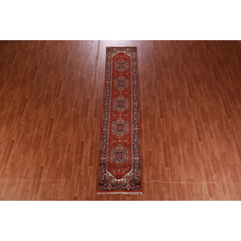 Hand Knotted Oriental 100% Wool Carpet Traditional Geometric Oranges & Rust Heriz (serapi) Runner Rug - 11' 8'' X 2' 6''