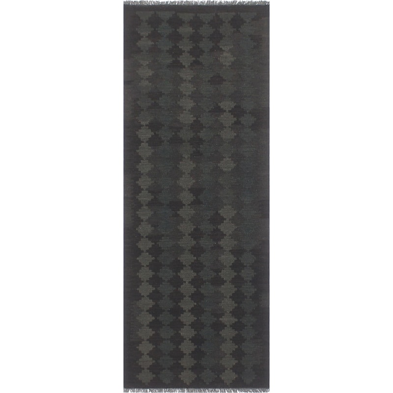 Boho Chic Turkish Kilim Ezra Black Green Hand-Woven Wool Runner - 2'9'' x 7'9''