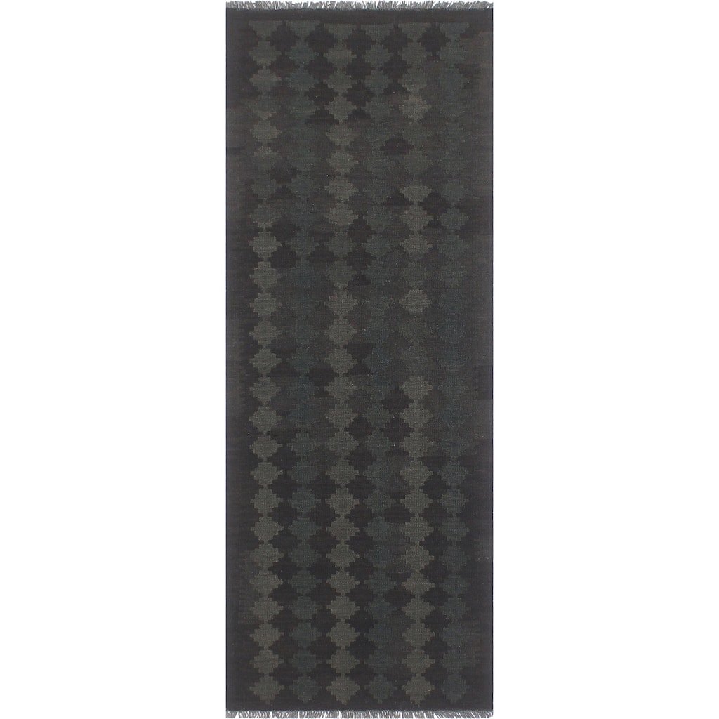 Boho Chic Turkish Kilim Ezra Black Green Hand-Woven Wool Runner - 2'9'' x 7'9''
