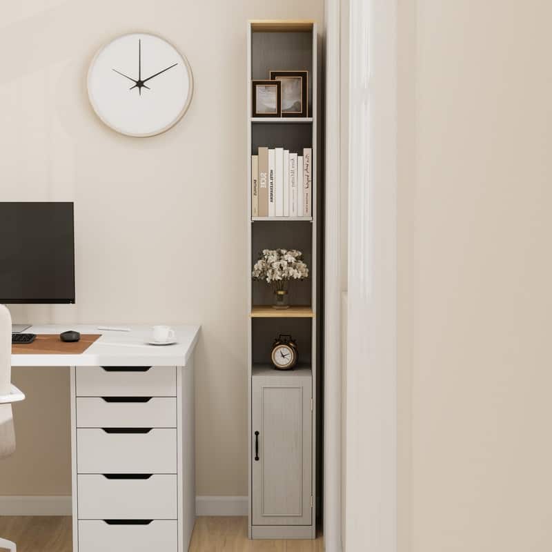 72" Tall Slim Storage Cabinet, 6-Tier Narrow Freestanding Shelf with Door, Antique White