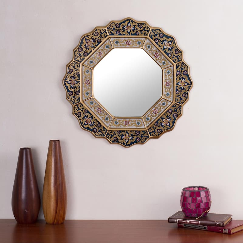 Handmade Azure Star Blue Reverse Painted Glass Mirror (Peru) - 17.25" x 17.25"