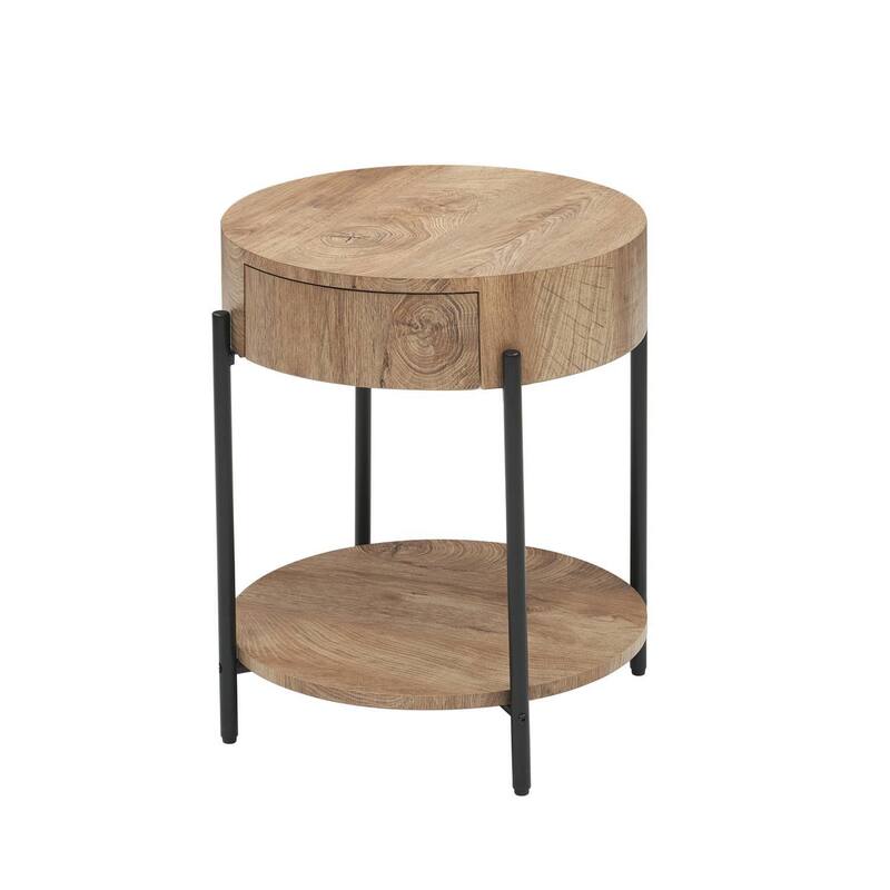 Rustic 2 Tier Wood Circle End Table with Drawer