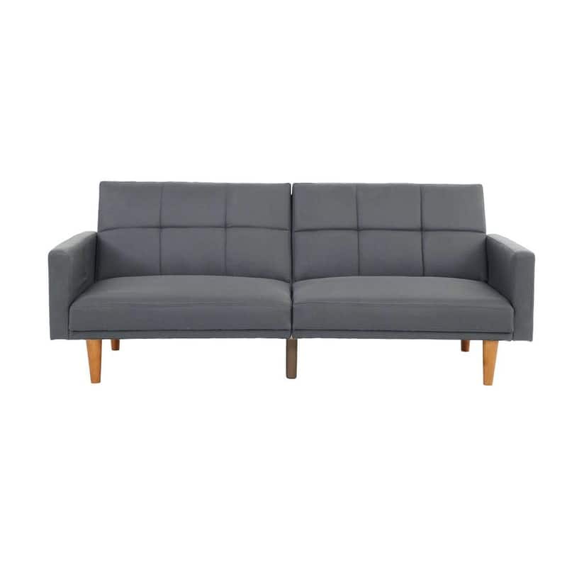 Convertible Sofa Bed in Light Grey Fabric with Tufted Cushions and Wooden Legs