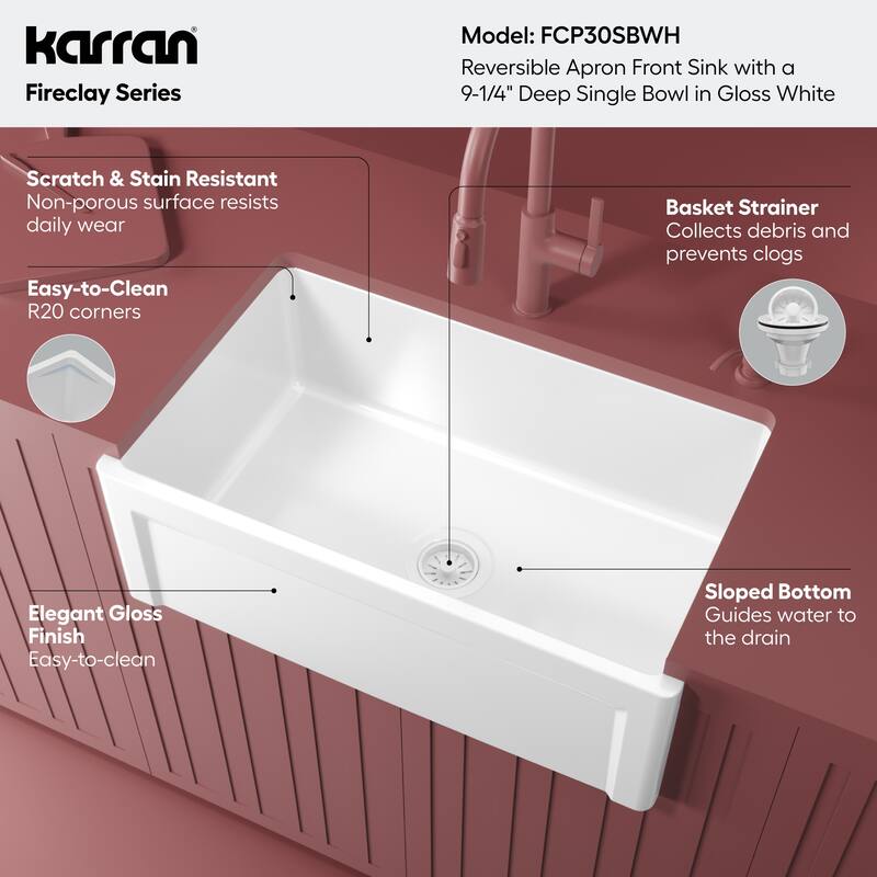 Karran 30" Single Bowl Panel Front Farmhouse Fireclay Kitchen Sink with Reversible Apron Front