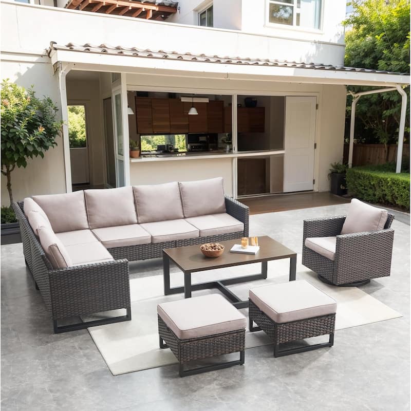 Wicker Patio Conversation Set with Cushion and Table - Beige - Brown