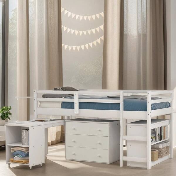 Low Study Twin Loft Bed with Cabinet and Rolling Portable Desk - Bed ...