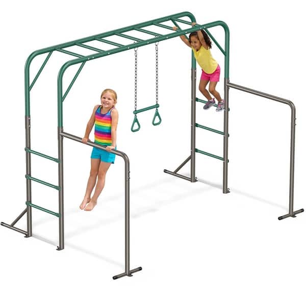 slide 2 of 19, Hapfan 400lbs 3-in-1 Heavy Duty Metal Monkey Bar Set, Outdoor Playset with Gymnastics Bars & Trapeze Swing for Backyard Outdoor Kids - Monkey Bars/Swing Set - Brown/Green