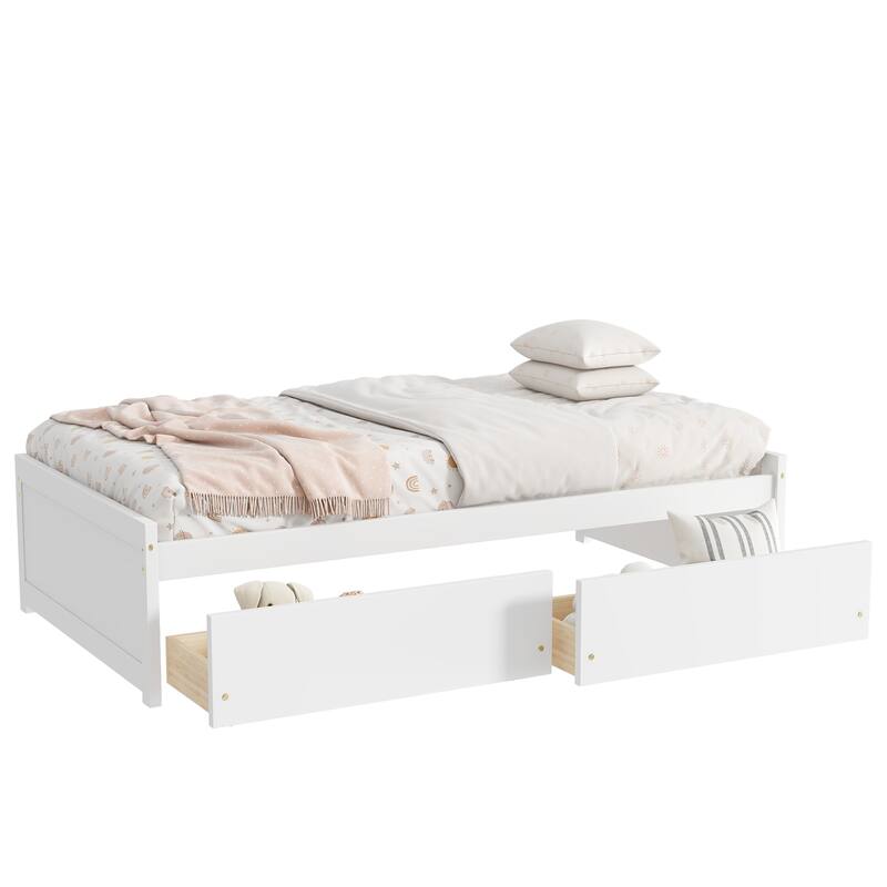 Twin Size Bed with 2 Storage Drawers Solid Rubber Wood Platform Frame