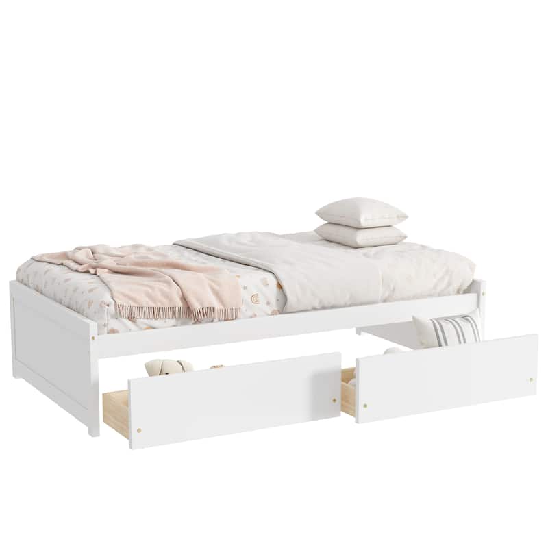 Twin Size Solid Rubber Wood Bed Frame with 2 Storage Drawers, Durable Wooden Platform Design