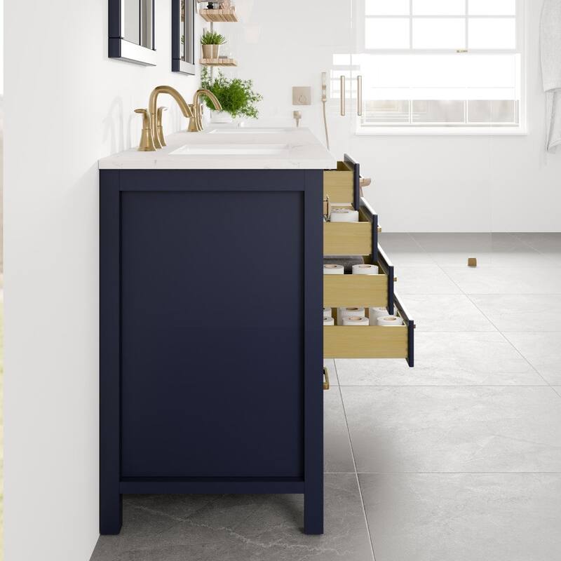 Aberdeen 84"W Blue DS Bath Vanity with Carrara Quartz Top