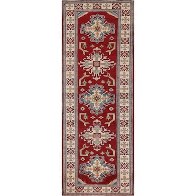 Red Geometric Kazak Runner Rug Handmade Oriental Wool Carpet - 2'9" x 10'1"
