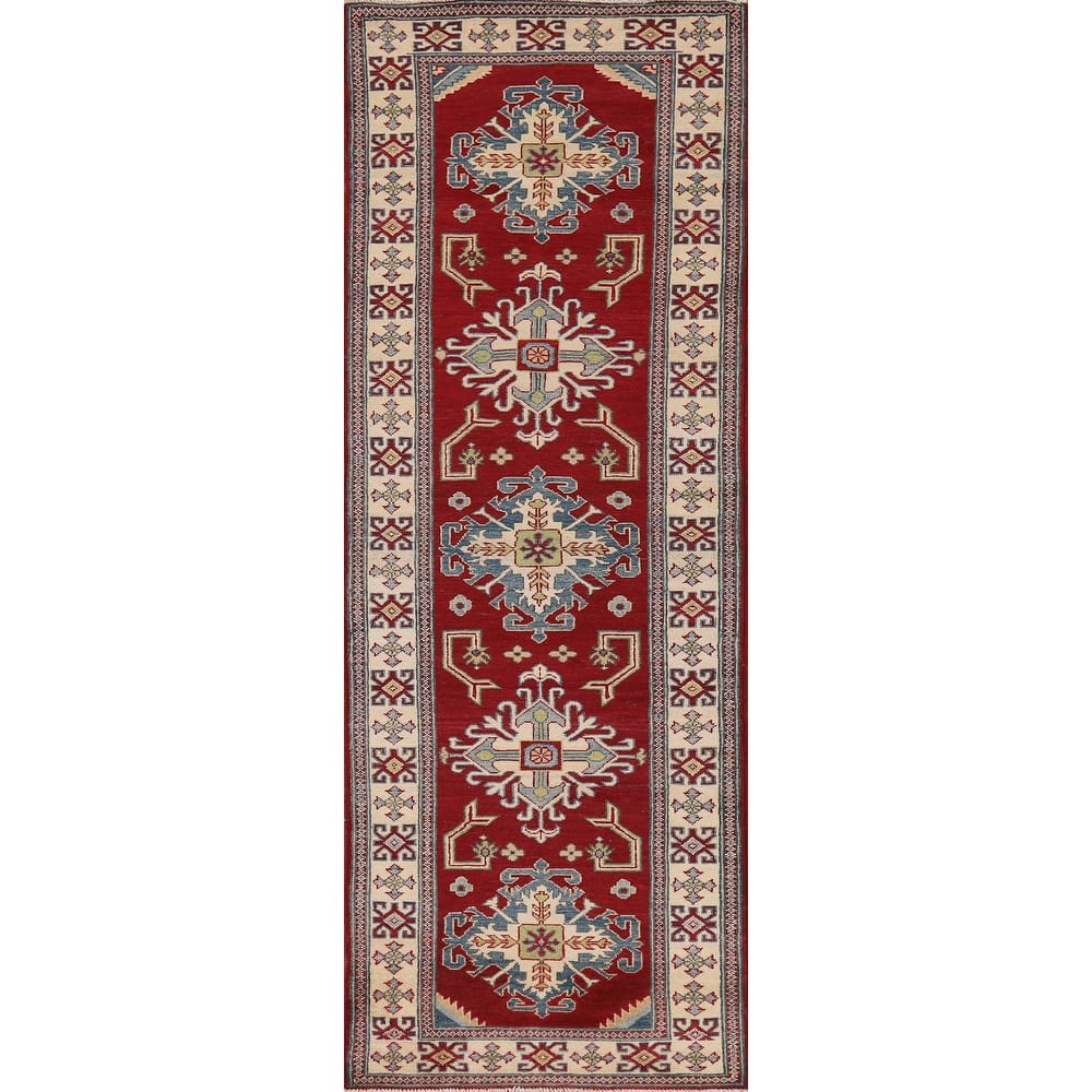 Red Geometric Kazak Runner Rug Handmade Oriental Wool Carpet - 2'9" x 10'1"