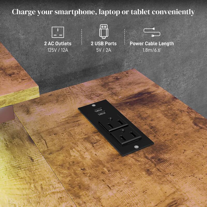 Modern L Shaped Computer Desk with LED Lighting and USB Charging Ports and Reversible Shelves for Home Office and Bedroom